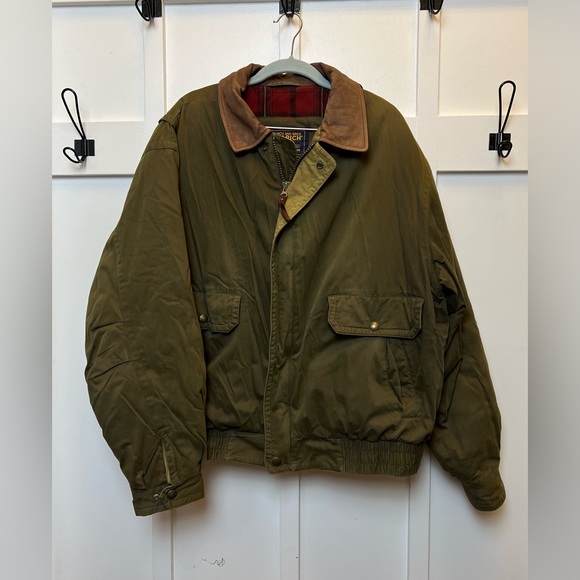 Woolrich Other - VTG Woolrich Men Bomber Jacket Thermore Green Brown Leather Size XL Rustic Cabin